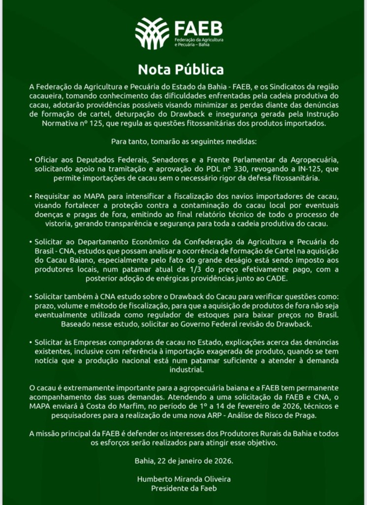 nota pública da Faeb sobre denúncias relacionadas ao setor cacaueiro; cacau